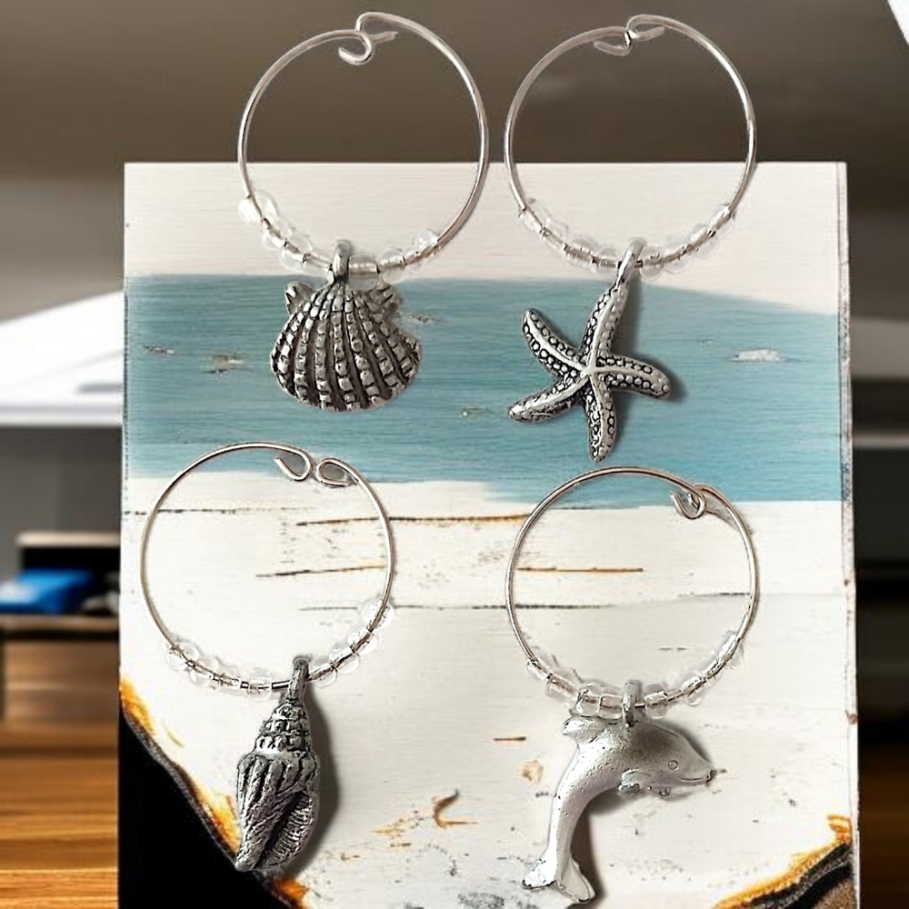 4 Beach Themed Wine Glass Charms Vintage Y2K Silver Tone Beaded Coastal Nautical